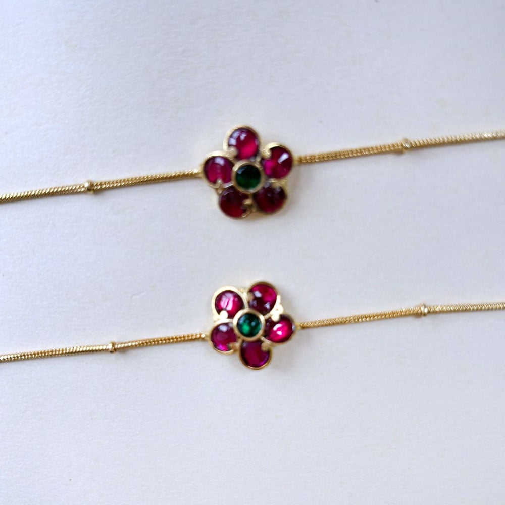 Handmade Brass Metal Jewellery Floral Stone Anklet Pair